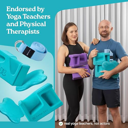 PRO Yoga Blocks | Ergonomic Yoga Block 2 Pack for Wrist Comfort and Support | EVA Foam Exercise Blocks, 2x Knee Pads & Yoga Strap | Pilates Block Set | Bricks to Eliminate Wrist Pain - color: Blue