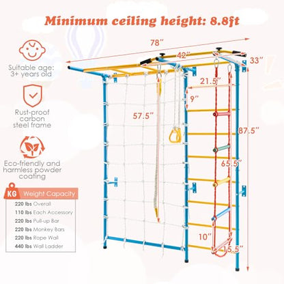 GLACER 7-in-1 Indoor Adventure Playground with Steel Frame, Monkey Bars & Gym Rings for Kids Aged 3+, Solid Wall Set up - style: 7 In 1