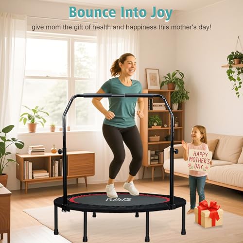 RAVS Mini Trampoline for Kids Adults 40"/48" Foldable Fitness Rebounder Kids Trampoline with 5 Levels Height Adjustable Handle Resistance Bands Indoor Workout - size: 40-inch