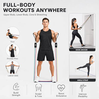 Resistance Bands Set, Exercise Bands with Handles, Door Anchor and Ankle Straps, 5 Stackable Workout Bands Up to 150 lbs, Resistance Bands for Working Out, Physical Therapy, Home Gym for Men and Women