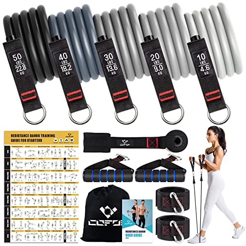Resistance Bands with Handles for Women, 5 Level Exercise Bands Workout Bands for Physical Therapy, Yoga, Pilates, Door Anchor, Storage Pouch - color: Grey