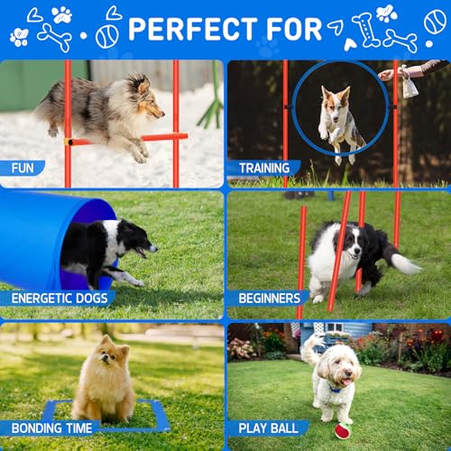 Dog Agility Equipment, Dog Obstacle Courses Backyard - Pet Outdoor Games w/Adjustable High Jump, Agility Weave Poles, Tunnel, Jumping Ring, Pause Box, 2 Balls,Whistle and Carrying Bag - size: 5 PCS Basic with tunnel