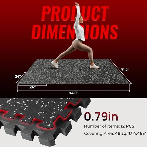 SUPERJARE 0.79'' Extra-Thick Exercise Equipment Mats, 12 Pcs 48 Sq Ft Rubber Top Floor Tiles with High Density EVA Foam, Interlocking Gym Flooring for Home Gym, Workout Mat, Black/Grey