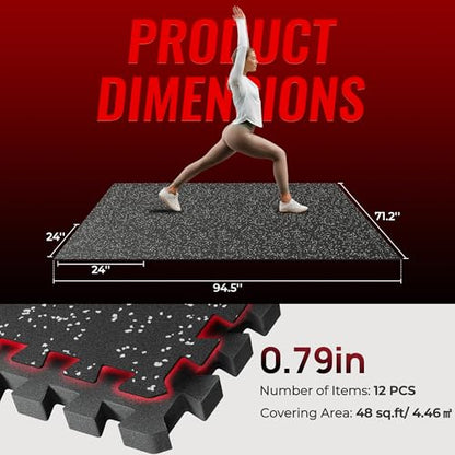 SUPERJARE 0.79'' Extra-Thick Exercise Equipment Mats, 12 Pcs 48 Sq Ft Rubber Top Floor Tiles with High Density EVA Foam, Interlocking Gym Flooring for Home Gym, Workout Mat, Black/Grey
