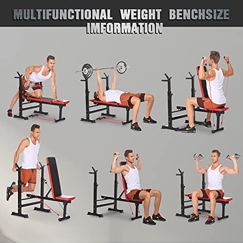 Adjustable Folding Weight Bench,Strength Training Bench for Full Body Workout,Fitness Barbell Rack and Weight Bench for Home Gym (Red)