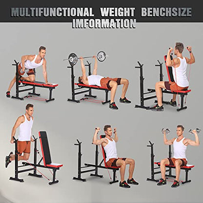 Adjustable Folding Weight Bench,Strength Training Bench for Full Body Workout,Fitness Barbell Rack and Weight Bench for Home Gym (Red)