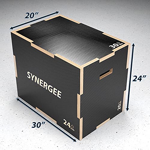 Synergee 3 in 1 Non-Slip Plyometric Box for Jump Training and Conditioning. Wooden Plyo and Soft Plyo Box All In One Jump Trainer. Sizes 20/18/16, 16/14/12