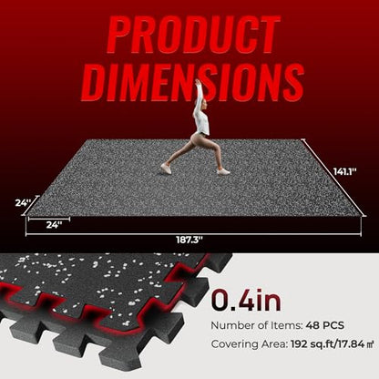SUPERJARE 0.4'' Thick 48 Pcs 192 Sq Ft Rubber Top Exercise Equipment Mats, High Density EVA Foam Mats with Rubber Top, Interlocking Gym Flooring for Home Gym, Protective Workout Mat, Black/Grey - size: 48 Tiles (192 Sq Ft)