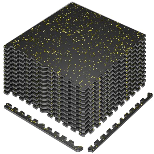 Interlocking Exercise Equipment Mats, 0.56" Thick 12 Tiles (48 Sq Ft) - Rubber Top Gym Flooring with High Density EVA Foam, Heavy Weight Workout Mats for Home GymFloor Protection,Black/Yellow - color: Black/Yellow, size: 48 Sq Ft (12 Tiles)