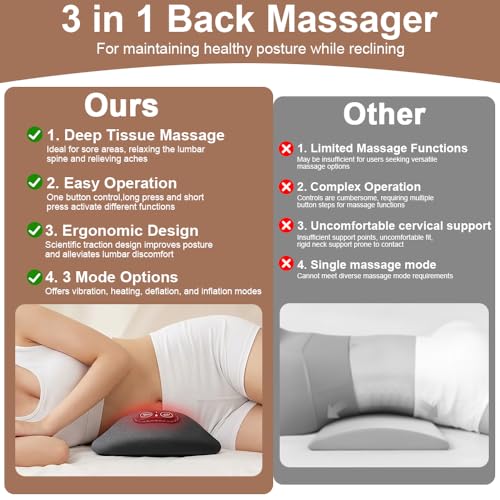 Electric Lumbar Massage Pillow, 3-in-1 Rechargeable Triple Fusion Back Massager with Heat/Vibration/Traction, Heated Lower Back Massager Pillow for Pain Relief Deep Tissue, for Bed Chair