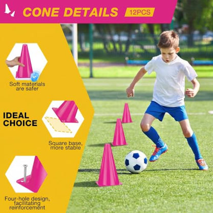 12pcs Cones 9 Inch Soccer Cones and Plastic Traffic Cones, Durable Cones for Sports Training, Ideal for Soccer, Basketball, Football, Skating, and Agility Drills Practice - color: pink