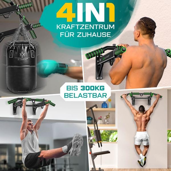 KESSER® 4-in-1 pull-up bar for wall mounting, non-slip handles, additional function for rope rings and punching bags with different grip positions, safe and stable, pull-up bar for home