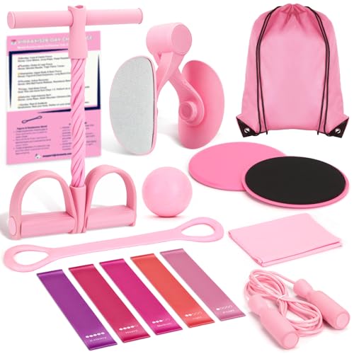 9-in-1 Home Workout Equipment for Women, Pedal Resistance Band with Handle, Thigh Master, Core Sliders & Exercise Bands with Workout Guide, Beginner Starter Kit for Ab Workout & Body Toning - color: Pink