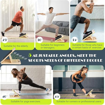 Wooden Slant Board for Calf Stretching, Portable Rehab Stretching Board Adjustable Slant Board for Calf Stretching for Ankle Heel Feet Leg Knees Recovery & Strength Training ﻿