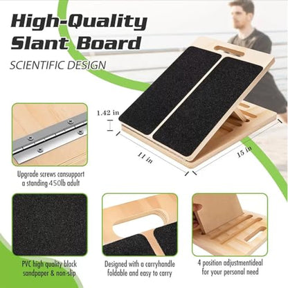 Slant Board for Calf Stretching, with Adjustable Incline Angle, Anti-Slip Design, Made of Wooden Materials, Capable of Supporting 450 Pounds,Suitable for Relieving Foot and Leg Pressure