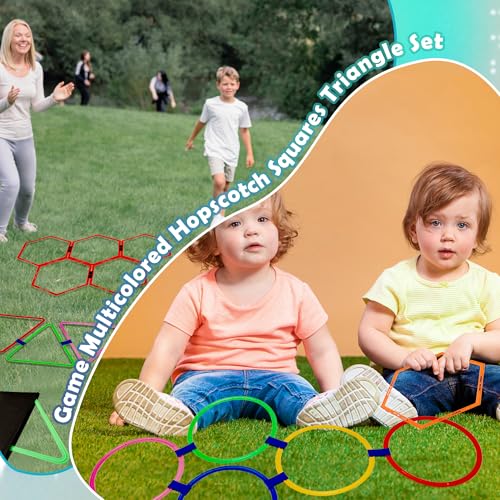 4 Set Hopscotch Ring Game with Connectors Obstacle Course Outdoor Indoor for Kids Fun Squares Round Triangular Hexagonal Agility Training Rings Playground for Girls Boys