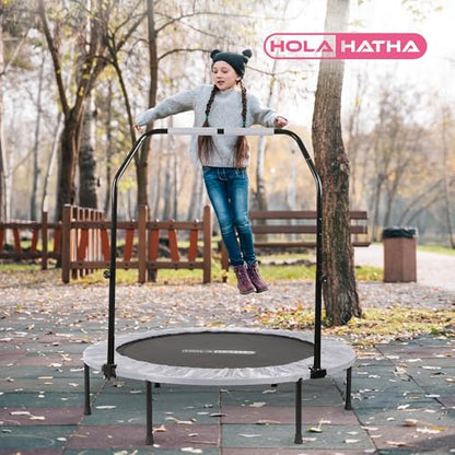 48-Inch Foldable Mini Trampoline Fitness Rebounder for Home Gym Workouts, White – with 5-Level Adjustable Handle, Heavy-Duty Steel Frame, Portable Design, and Supports up to 440 Pounds