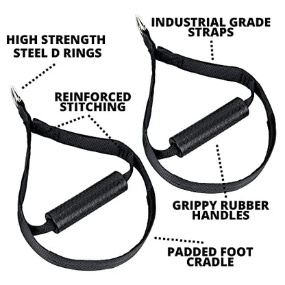 Cable Attachment Handles for Suspension Trainer or Resistance Bands, Home Gym Accessory with Rubber Grip and Foot Loops