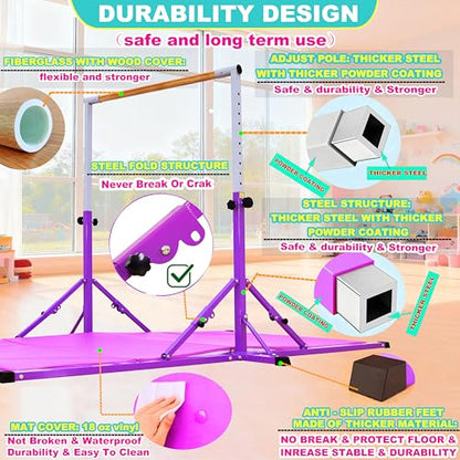 MARFULA Gymnastic Kip Bar for Kids Teens Ages 3-25 of All Gymnastic Levels - color: Purple (Bar with Mat - 8 Ft Base)