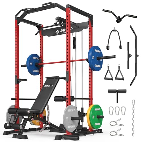 Mikolo F4 2.0 Power Cage with Dual-Track Smooth Pulley System, 1200LBS Power Rack with Leg Hold-Down for Heavy LAT Pulldowns - color: Red, size: F4 2.0 (with Bench＆Bar＆230LB CP）
