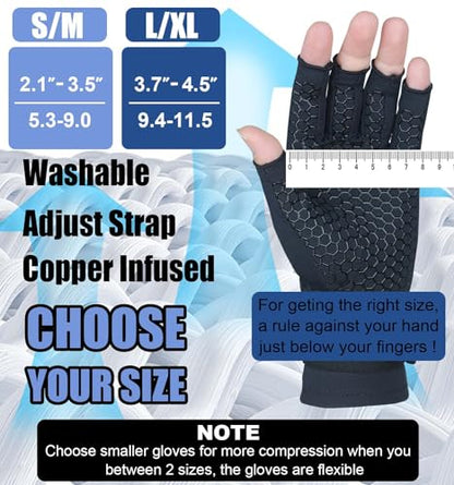 2 Pairs Copper Arthritis Gloves for Women Men, Compression Gloves with Adjust Strap for Arthritis, Wrist Support, Hand Pain, Fingerless Computer Typing Gloves for Carpal Tunnel, RSI (Large/X-Large)