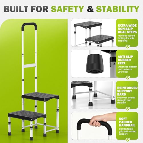 RV Step Stool with Handle for Elderly,2 Step Ladder with Handrail, Reinforced PP Wide Platform, Adjustable Height, Portable Stairs for Hot Tub/Camper/Mobile Home/Porch/SPA Pool/Pet Stairs - size: 2 Steps-Adjustable Height