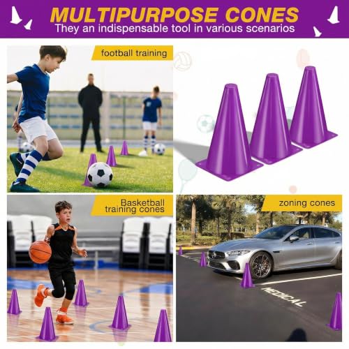 12pcs Cones 9 Inch Soccer Cones and Plastic Traffic Cones, Durable Cones for Sports Training, Ideal for Soccer, Basketball, Football, Skating, and Agility Drills Practice - color: purple