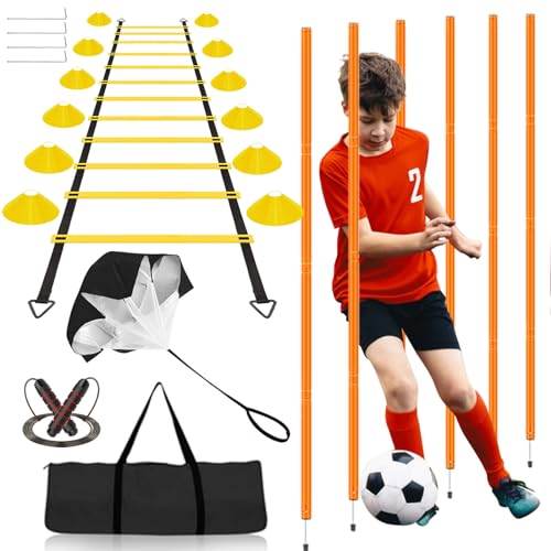Speed & Agility Training Equipment-20ft Agility Ladder, 6 Poles, 12 Soccer Cones, Resistance Parachute, Jump Rope, Soccer Football Basketball Sport Training Set for Kids Youth Adults