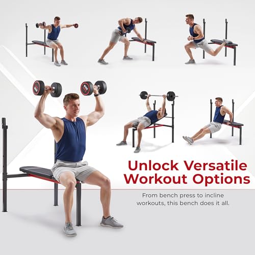 Sunny Health & Fitness Multi-Function Adjustable Weight Bench with Squat Rack & Barbell Rack, Full Body Strength Training Equipment for Home Gym with Optional Leg Developer & Preacher Curl