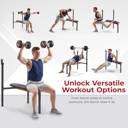 Sunny Health & Fitness Multi-Function Adjustable Weight Bench with Squat Rack & Barbell Rack, Full Body Strength Training Equipment for Home Gym with Optional Leg Developer & Preacher Curl