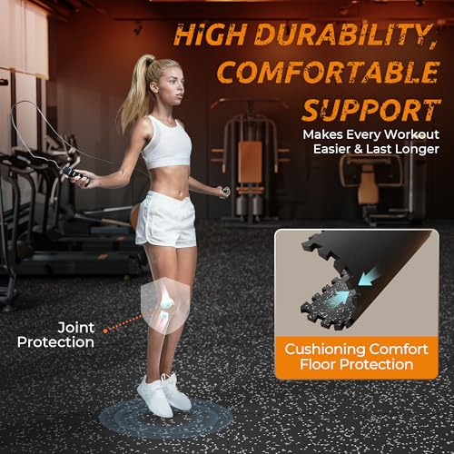 0.6" Thicker Rubber Top Gym Flooring for Home Gym, 12 Pcs 48 Sq Ft Workout Mats, Exercise Mat, Interlocking Rubber Floor Mats with High Density EVA Foam for Garage, 24 x 24in, Black/Grey - size: 12 Tiles (48 Sq Ft)