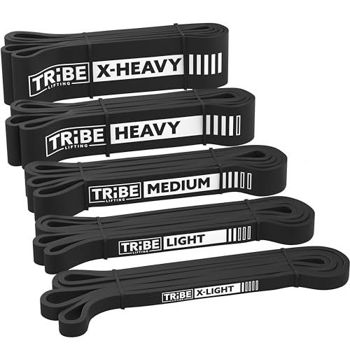 Tribe Lifting Resistance Bands for Working Out Men and Women - Set of 5 Pull Up Bands for Strength Training, Exercise Bands with Handles, Door Anchor and Bar Options for Home Gym