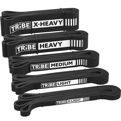 Tribe Lifting Resistance Bands for Working Out Men and Women - Set of 5 Pull Up Bands for Strength Training, Exercise Bands with Handles, Door Anchor and Bar Options for Home Gym