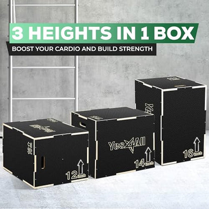 Yes4All 3 in 1 Non-Slip Wooden Plyo Box, Step Up Box for Workout, Plyometric Jump Box for Skipping, Jumping, Lunges, Squats, Dips - color: A. Black, style: 16" x 14" x 12"