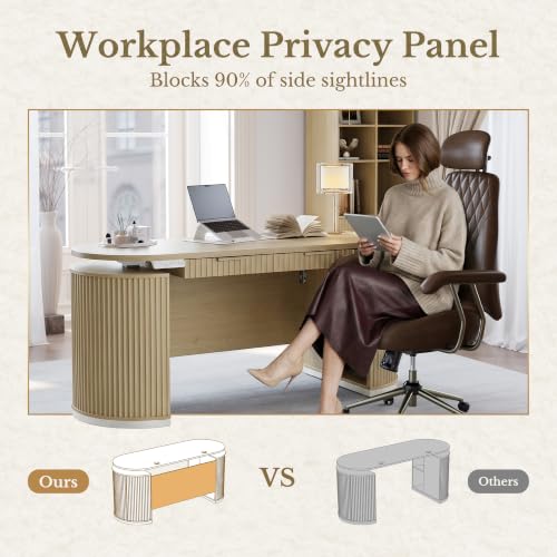Electric Standing Desk with Storage Drawers, 63'' Executive Height Adjustable Desk with Privacy Panel and Shelves, Wood Fluted Computer Desk for Home Office, Light Walnut