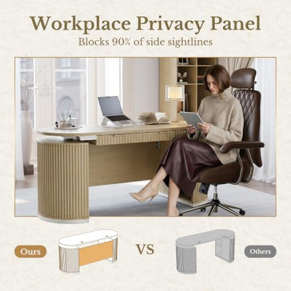 Electric Standing Desk with Storage Drawers, 63'' Executive Height Adjustable Desk with Privacy Panel and Shelves, Wood Fluted Computer Desk for Home Office, Light Walnut