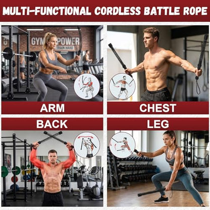 Portable Ropeless Battle Ropes, 2-in-1 Heavy Duty Cordless Battle Ropes for Home Gym (Convertible to Fitness Bar), Strength Building Workout Ropes, Low-Impact Aerobic Training and HIIT for Men & Women