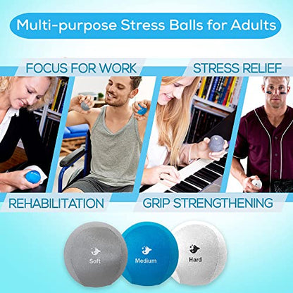 Serenilite Hand Therapy Exercise Stress Ball Bundle - Tri-Density Stress Balls for Adults & Grip Strengthening - color: Cloud, Sea Breeze, Titanium Holiday Set