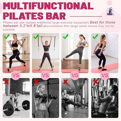 Pilates Bar Kit with Resistance Bands and Yoga Mat, Adjustable Metal Bar Portable Home Fitness Set for Women Full Body Workouts, Core, Strength, Stretching and Pilates Training