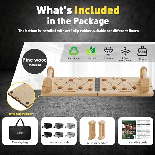 Wooden Push Up Board 30 in 1 Foldable with Resistance Bands - Thickened Pine Wood Multi-Push Up Board for Men & Women, Portable Gym/Home Workout Gear for Chest, Shoulders, Arms & Back