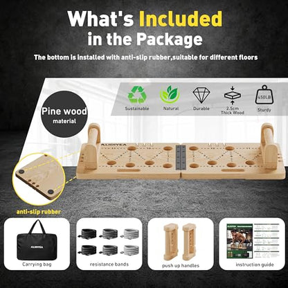 Wooden Push Up Board 30 in 1 Foldable with Resistance Bands - Thickened Pine Wood Multi-Push Up Board for Men & Women, Portable Gym/Home Workout Gear for Chest, Shoulders, Arms & Back