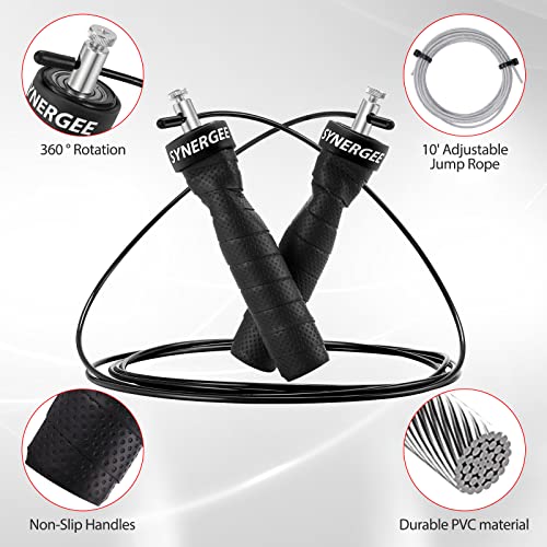 Synergee Jet Black Speed Jump Rope - (2) Adjustable 10 Ft Cable - Steel Ball Bearings - For CrossFit, MMA, Boxing & Fitness, Anti-Slip Handles.