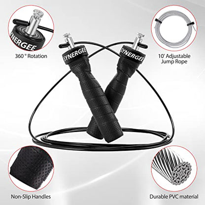Synergee Jet Black Speed Jump Rope - (2) Adjustable 10 Ft Cable - Steel Ball Bearings - For CrossFit, MMA, Boxing & Fitness, Anti-Slip Handles.