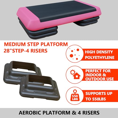 43" Aerobic Exercise Step Platform, Adjustable Aerobic Steppers with 4 Stackable Risers, Workout Stepper & Fitness Stepper for Home Gym Cardio Strength Training, Easy Storage, 550 LBS Capacity ﻿