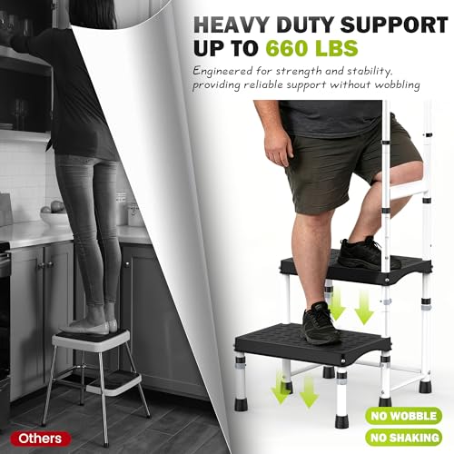 RV Step Stool with Handle for Elderly,2 Step Ladder with Handrail, Reinforced PP Wide Platform, Adjustable Height, Portable Stairs for Hot Tub/Camper/Mobile Home/Porch/SPA Pool/Pet Stairs - size: 2 Steps-Adjustable Height