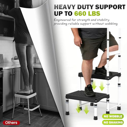 RV Step Stool with Handle for Elderly,2 Step Ladder with Handrail, Reinforced PP Wide Platform, Adjustable Height, Portable Stairs for Hot Tub/Camper/Mobile Home/Porch/SPA Pool/Pet Stairs - size: 2 Steps-Adjustable Height