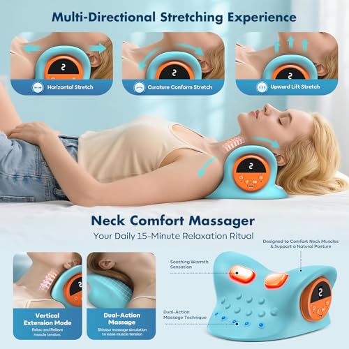 Smedz Neck Massager 2026, 4-in-1 Neck & Shoulder Massager with Multi-Directional Stretch, Heating & Vibration, 360° Remote Control–Ergonomic for Home, Office, Car Travel‌（Sky Blue‌）