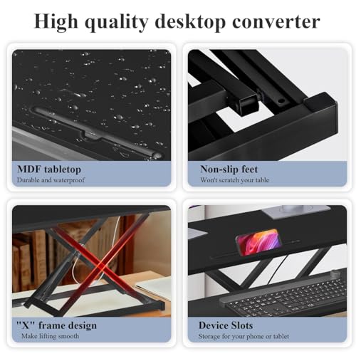 Adjustable Standing Desk Converter – 37" Wide, for Two Monitors with Keyboard Tray, Manual Gas Spring Sit Stand Desk Converter Lifts to 18.5", Black