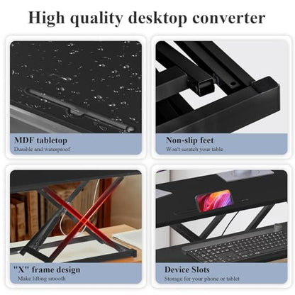 Adjustable Standing Desk Converter – 37" Wide, for Two Monitors with Keyboard Tray, Manual Gas Spring Sit Stand Desk Converter Lifts to 18.5", Black