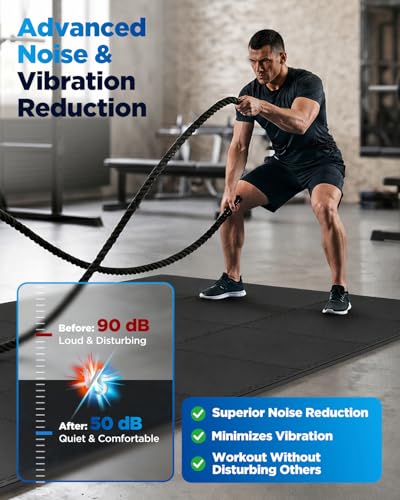 0.6'' Thicker 6 Tiles 24 Sq Ft Gym Flooring for Home Gym, Heavy Duty Interlocking Gym Mats, High Density EVA Foam Mats, Non-Slip Workout Mats, Exercise Mats for Home Workout, Black